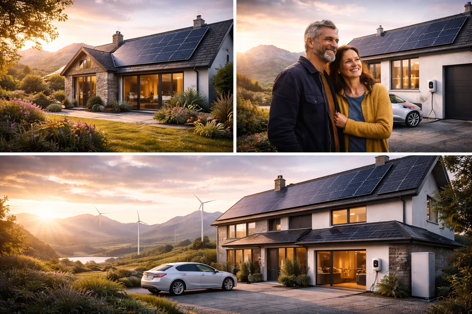 Solar panels installed on Scottish stone house roof with Highland mountains sunset - renewable energy